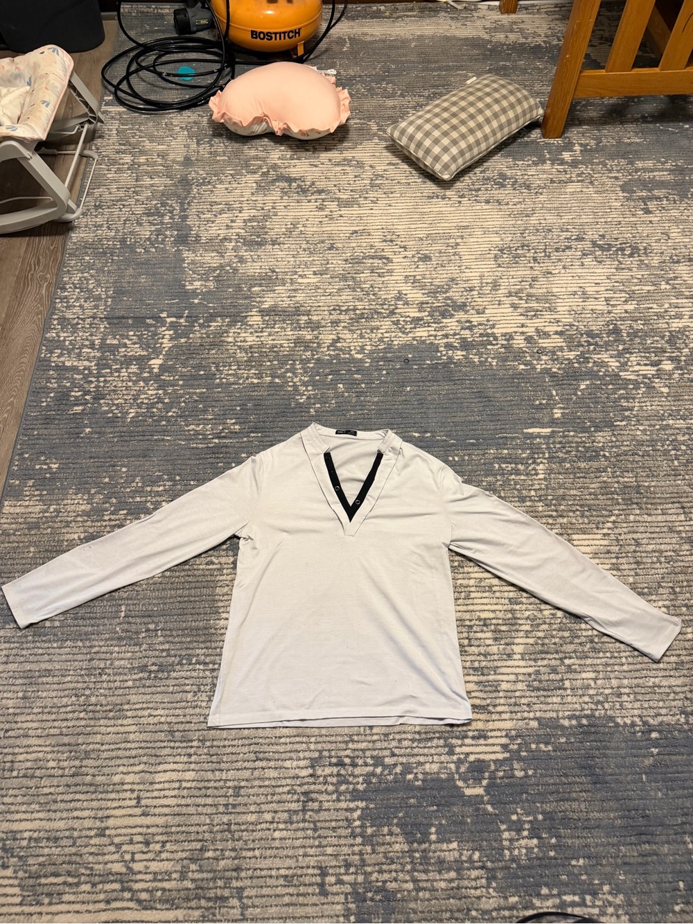 SHEIN White Long Sleeve V-Neck Top with Black Trim